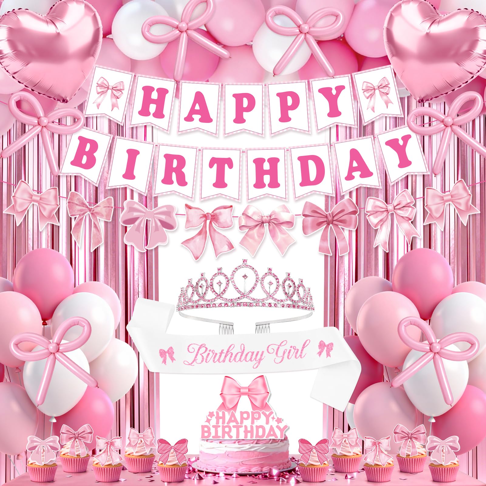 REDWORD Pink Bow Birthday Decorations 73Pcs – Sash, Tiara, Banner, Balloons, Fringe Curtains