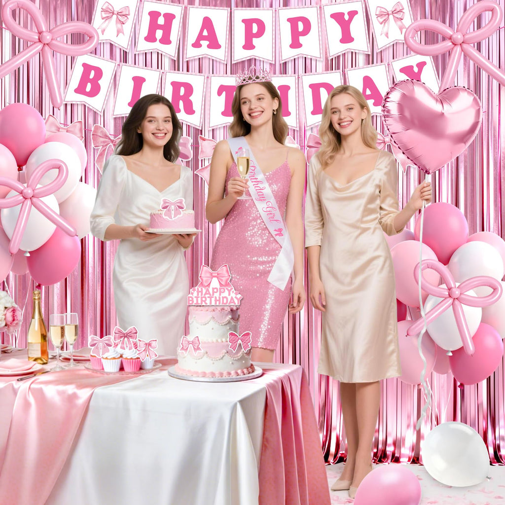 REDWORD Pink Bow Birthday Decorations 73Pcs – Sash, Tiara, Banner, Balloons, Fringe Curtains