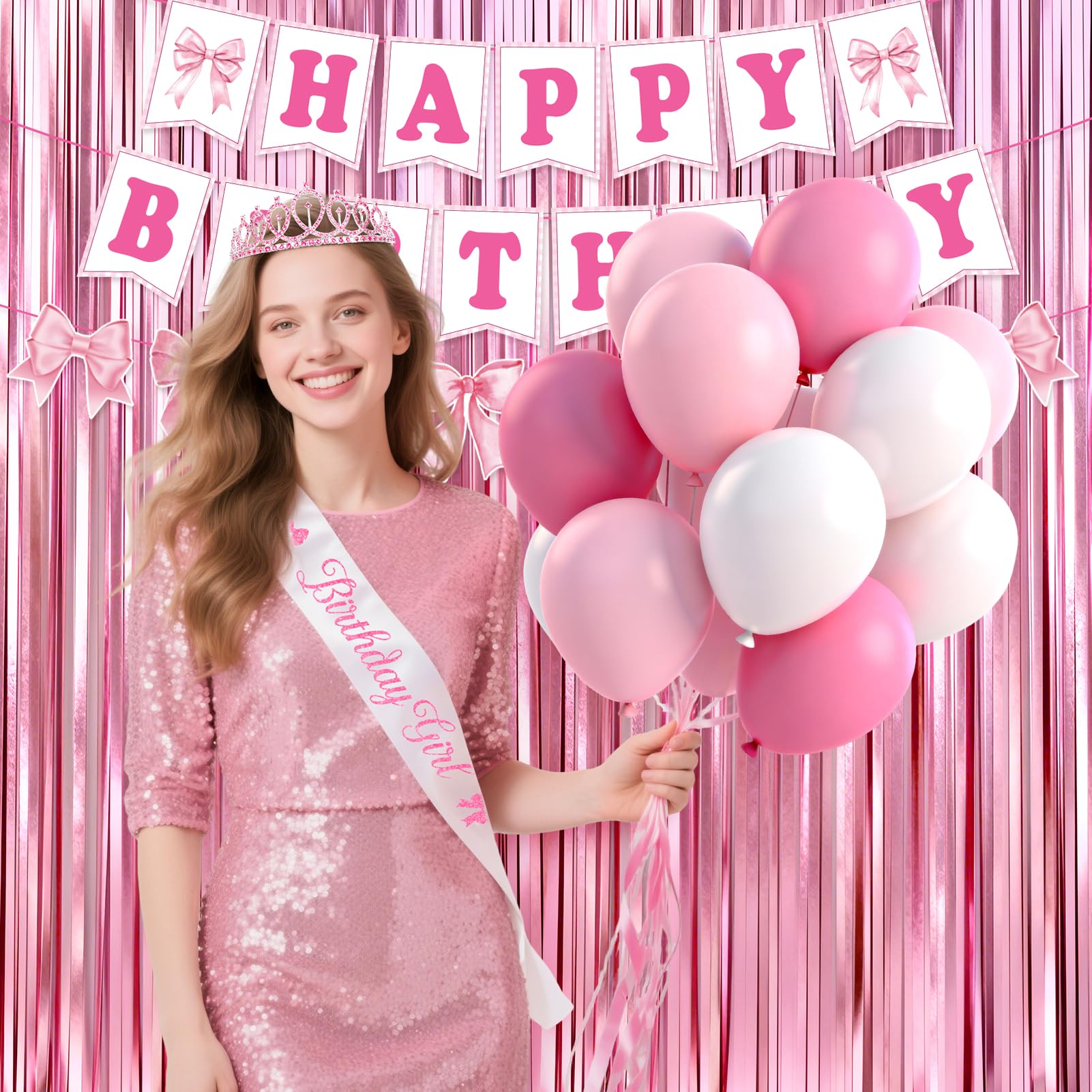 REDWORD Pink Bow Birthday Decorations 73Pcs – Sash, Tiara, Banner, Balloons, Fringe Curtains