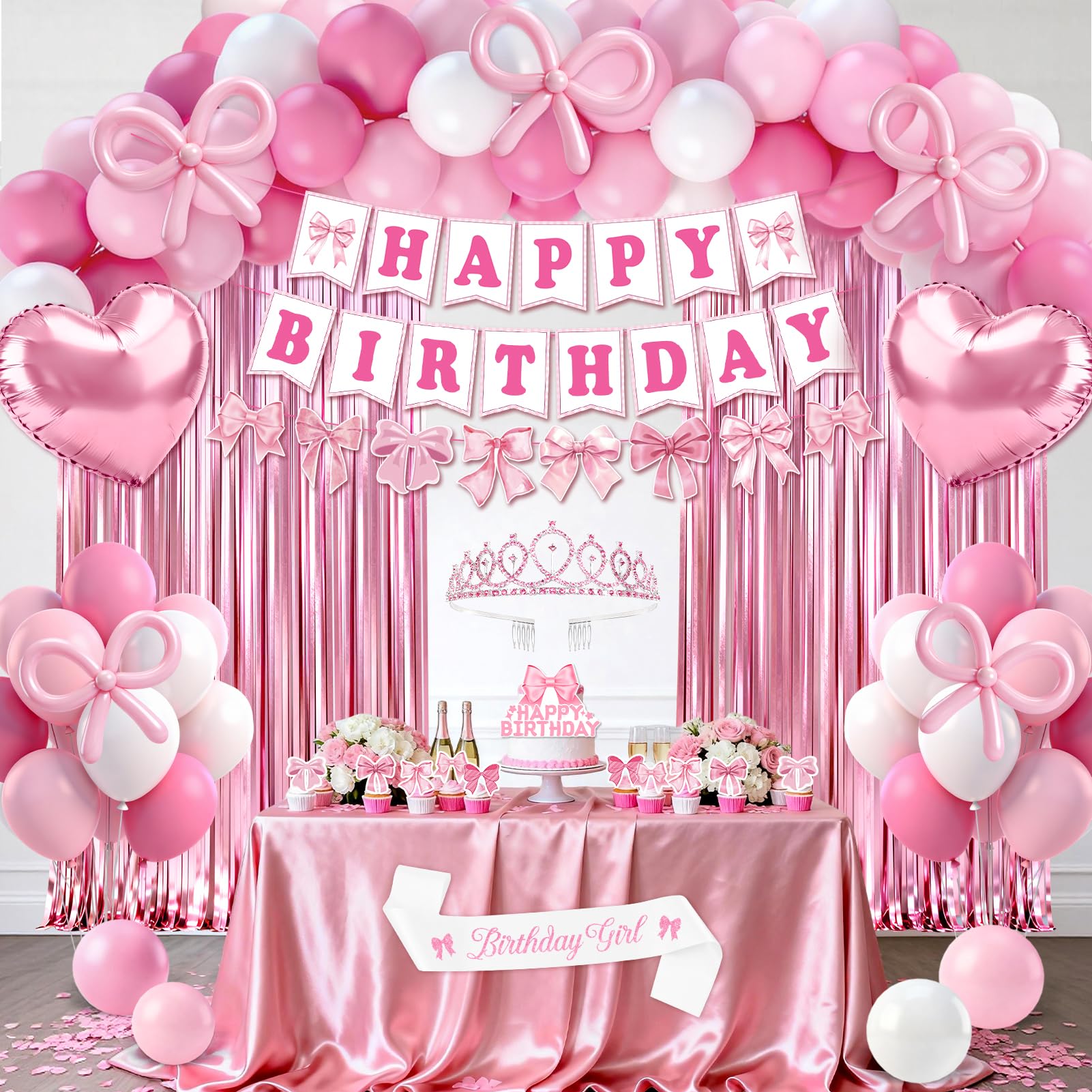 REDWORD Pink Bow Birthday Decorations 73Pcs – Sash, Tiara, Banner, Balloons, Fringe Curtains