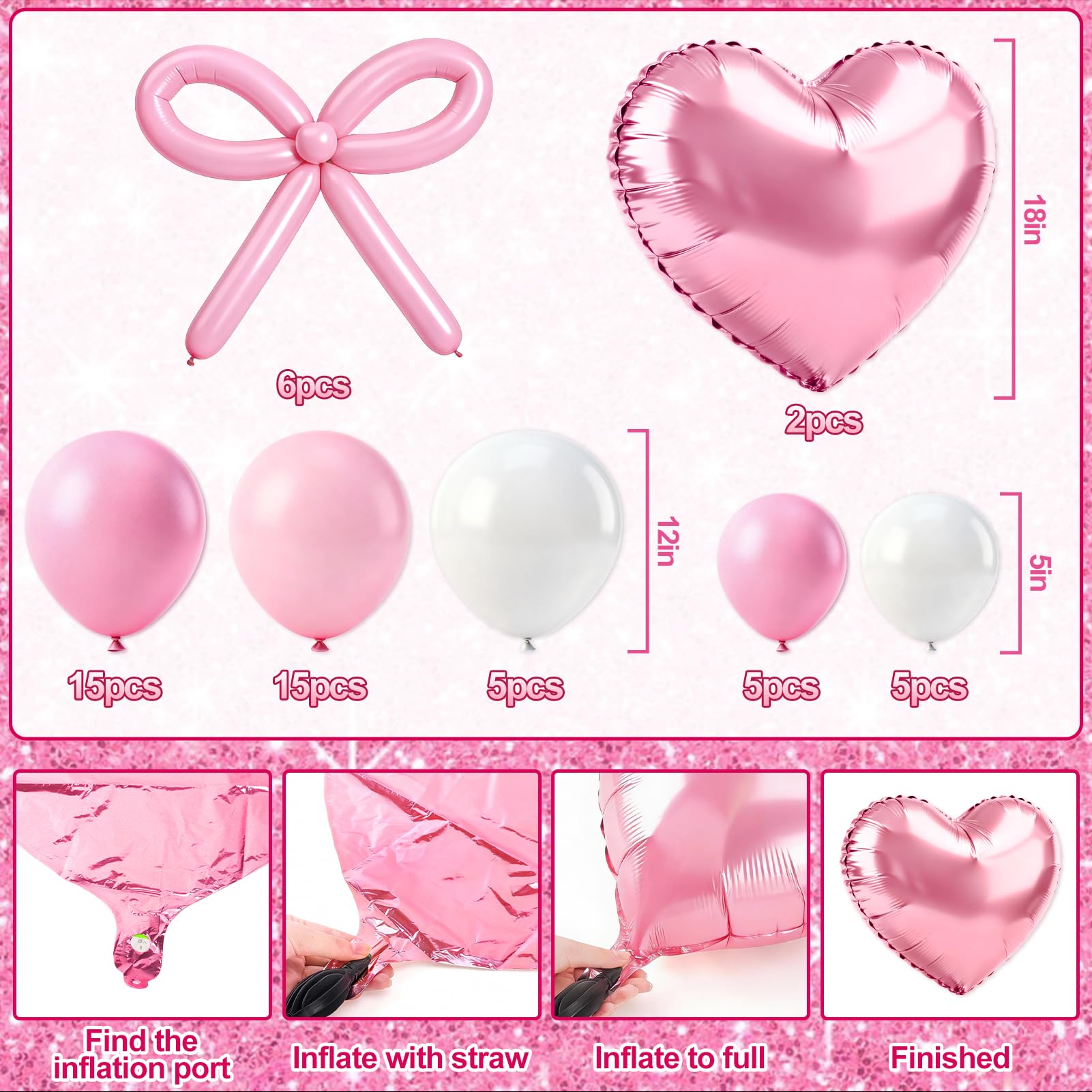 REDWORD Pink Bow Birthday Decorations 73Pcs – Sash, Tiara, Banner, Balloons, Fringe Curtains