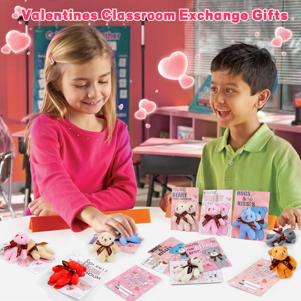 REGTEB 28-Pack Kids Valentines Cards with Bear Plush Keychains – Classroom Gifts & Party Favors