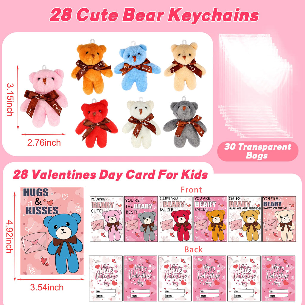 REGTEB 28-Pack Kids Valentines Cards with Bear Plush Keychains – Classroom Gifts & Party Favors