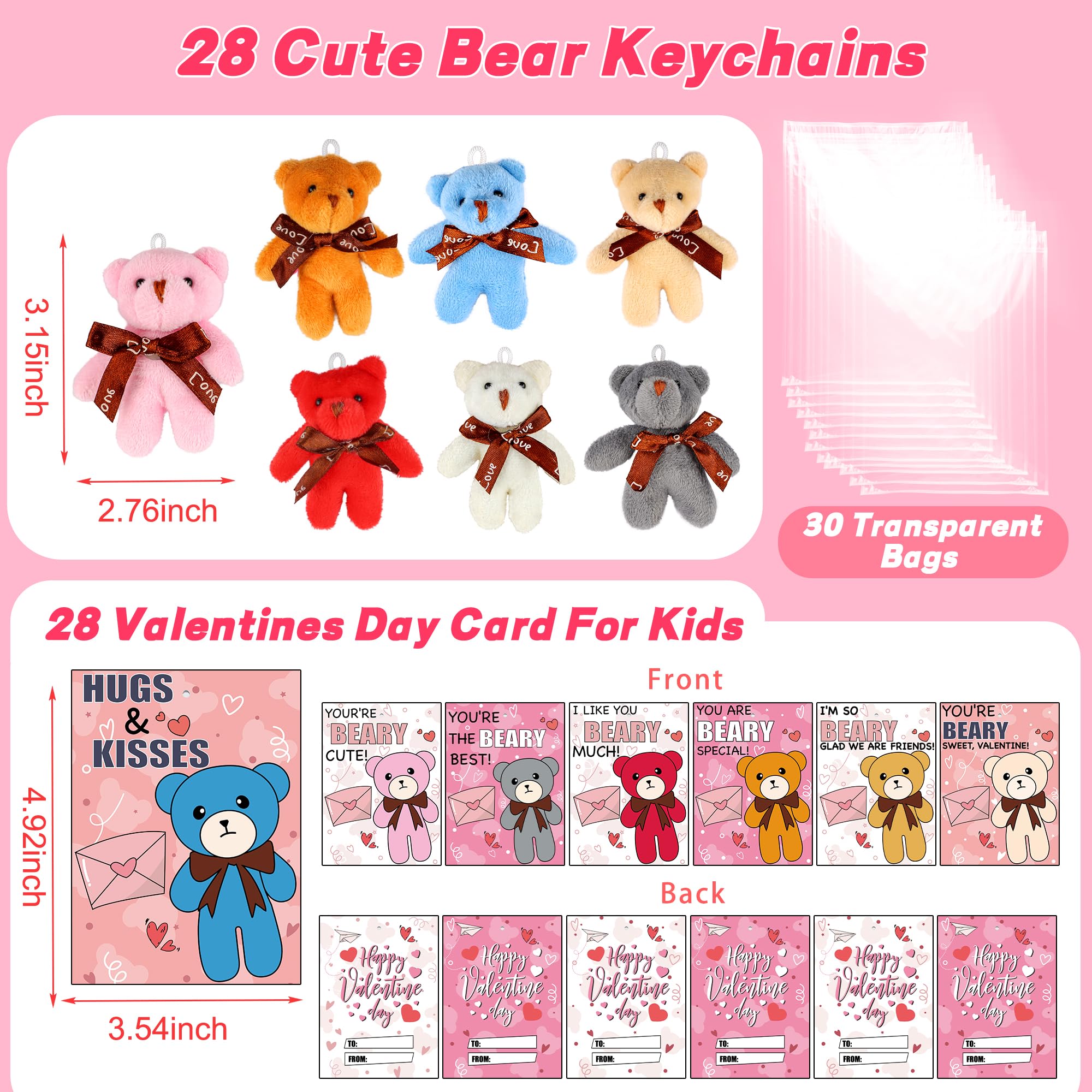 REGTEB 28-Pack Kids Valentines Cards with Bear Plush Keychains – Classroom Gifts & Party Favors