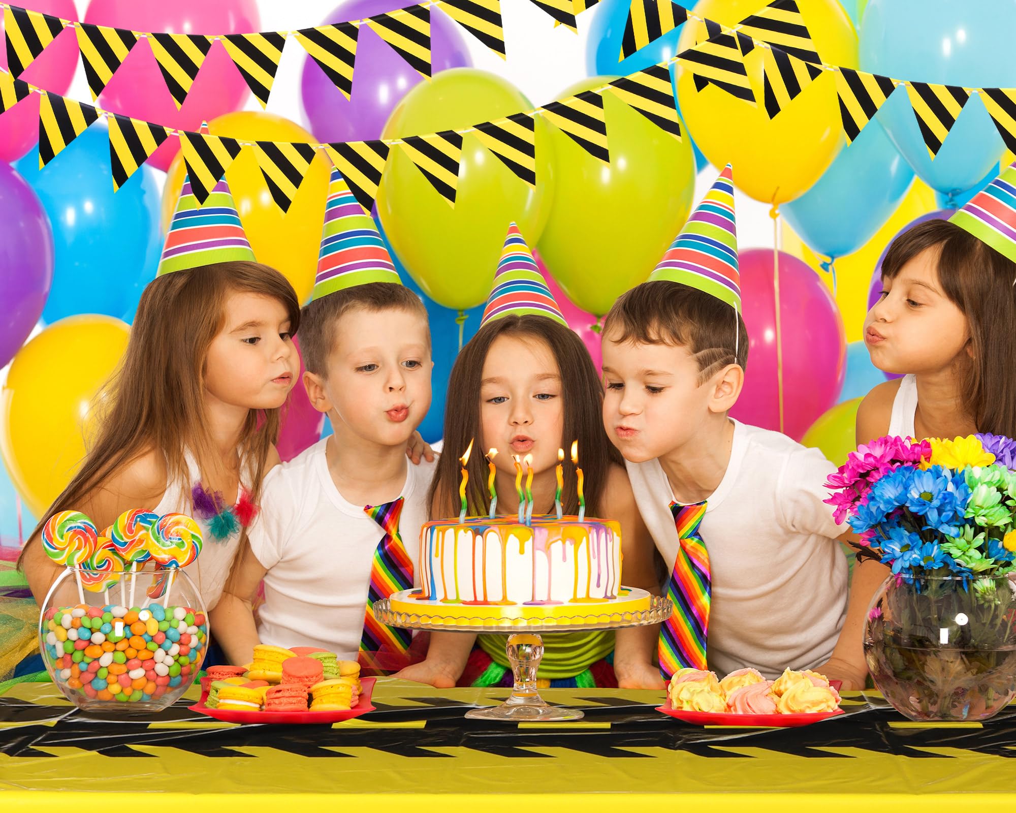 Remagr 6-Pcs Construction Tablecloth & Banner Party Decor – Yellow & Black