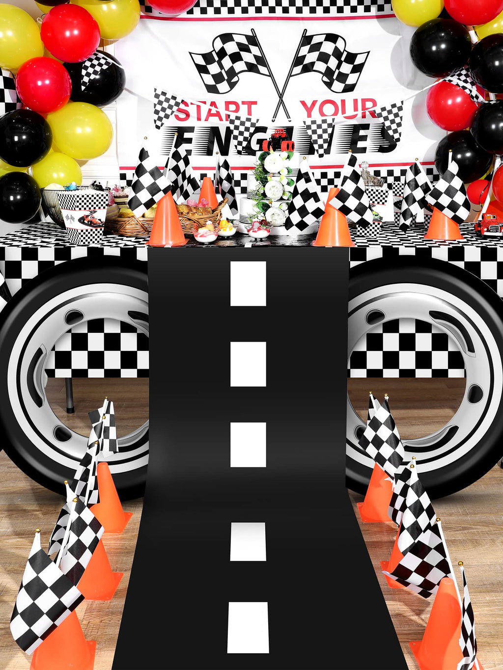Remagr Race Car Theme Birthday Party Supplies – 24 Pcs Pack with Flags, Cones, Tire Tubes, Tablecloth & Runner
