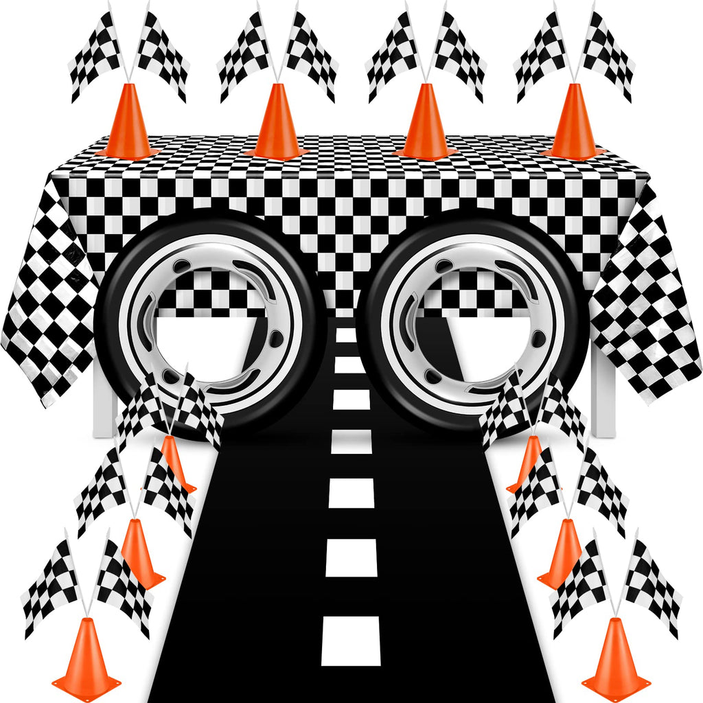 Remagr Race Car Theme Birthday Party Supplies – 24 Pcs Pack with Flags, Cones, Tire Tubes, Tablecloth & Runner