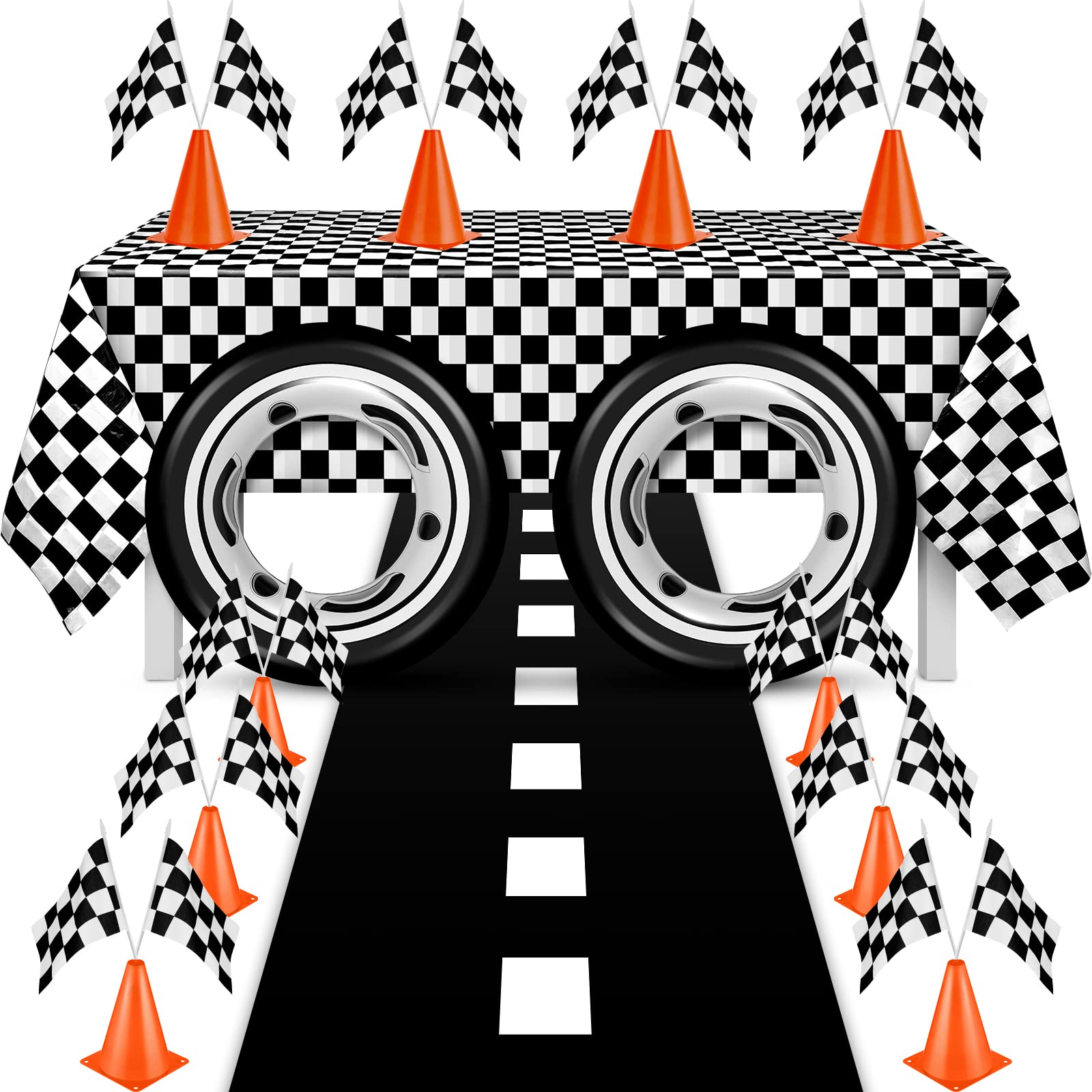 Remagr Race Car Theme Birthday Party Supplies – 24 Pcs Pack with Flags, Cones, Tire Tubes, Tablecloth & Runner