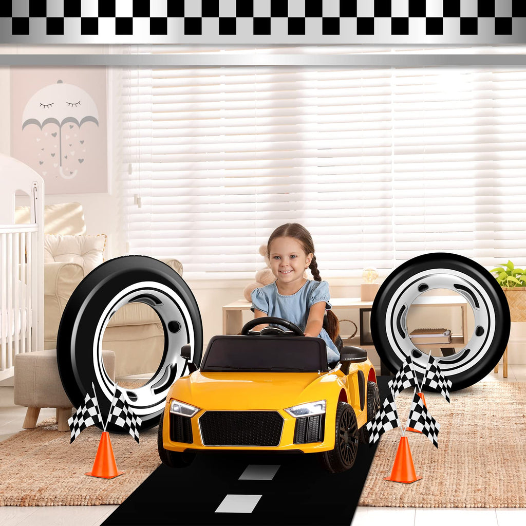 Remagr Race Car Theme Birthday Party Supplies – 24 Pcs Pack with Flags, Cones, Tire Tubes, Tablecloth & Runner