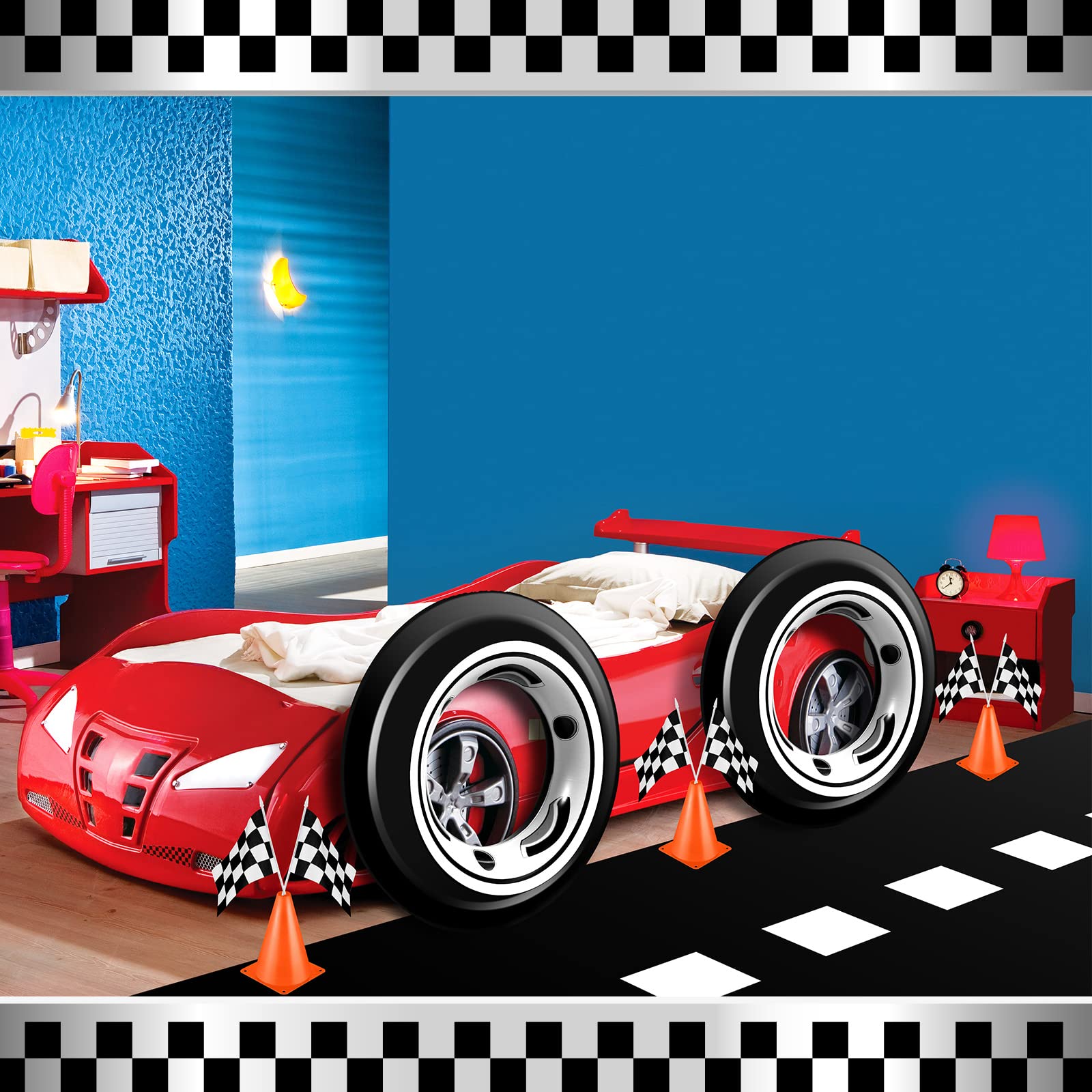 Remagr Race Car Theme Birthday Party Supplies – 24 Pcs Pack with Flags, Cones, Tire Tubes, Tablecloth & Runner