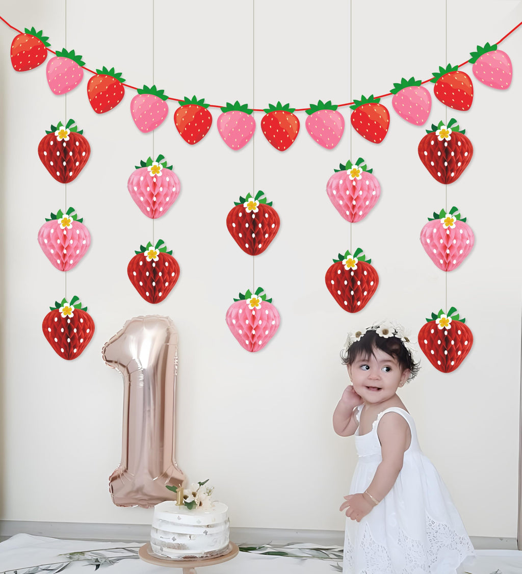 Renbuzhu 13Pcs Strawberry Party Decorations – Honeycomb Balls, Banner & Centerpieces