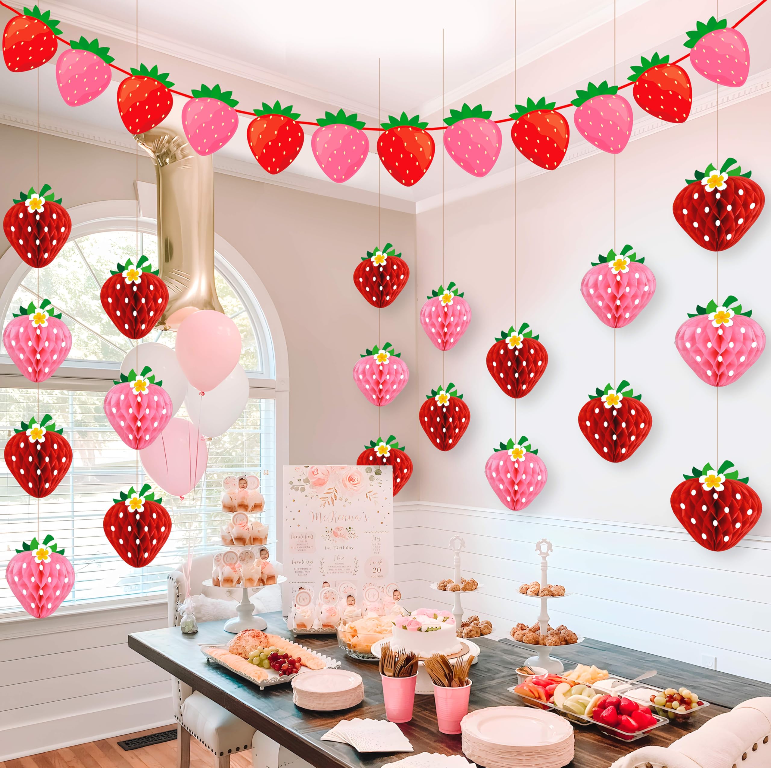 Renbuzhu 13Pcs Strawberry Party Decorations – Honeycomb Balls, Banner & Centerpieces