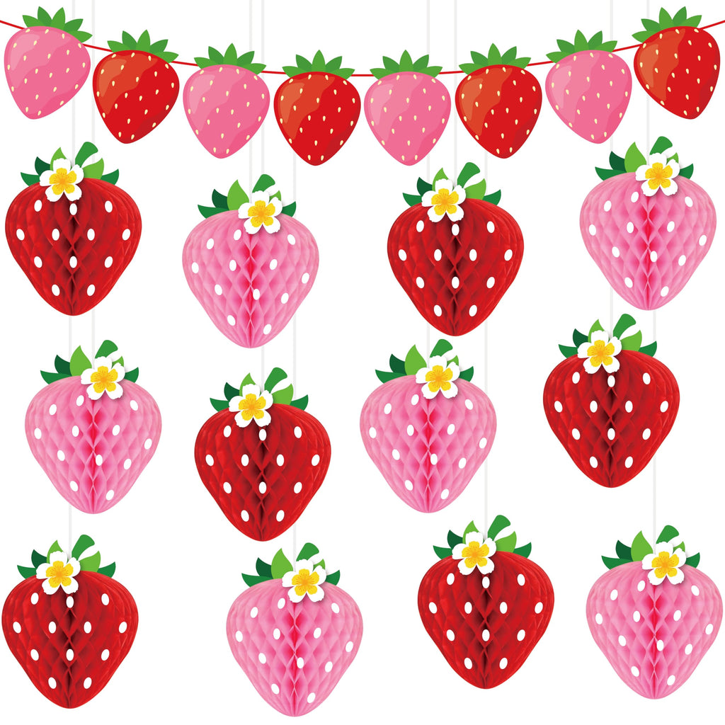 Renbuzhu 13Pcs Strawberry Party Decorations – Honeycomb Balls, Banner & Centerpieces