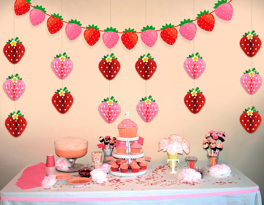 Renbuzhu 13Pcs Strawberry Party Decorations – Honeycomb Balls, Banner & Centerpieces