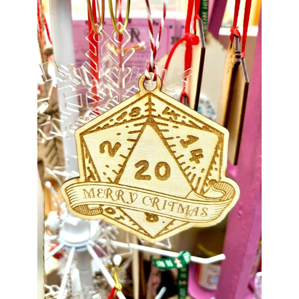 Merry Critmas Wooden D20 Dice Christmas Bauble