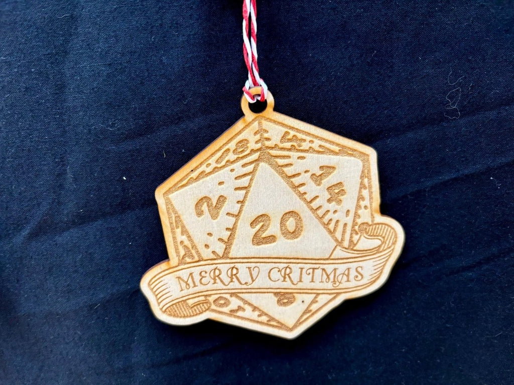 Merry Critmas Wooden D20 Dice Christmas Bauble
