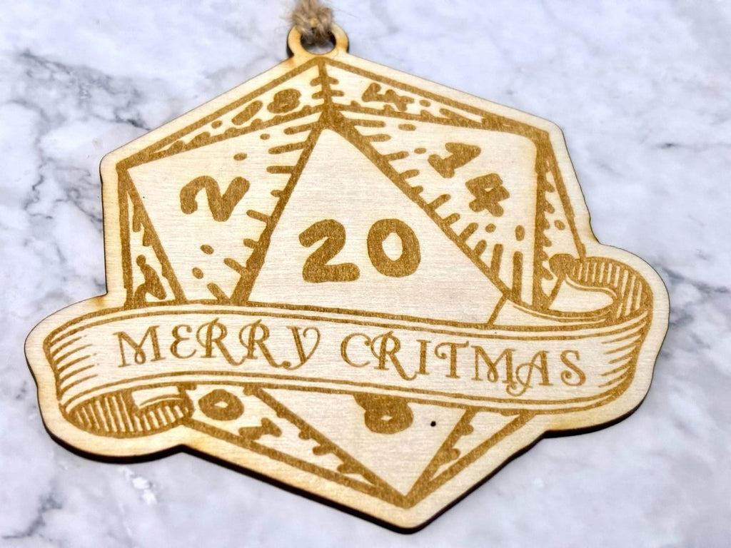 Merry Critmas Wooden D20 Dice Christmas Bauble