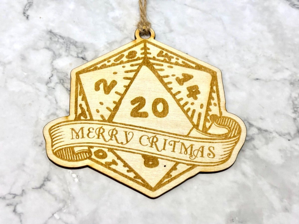 Merry Critmas Wooden D20 Dice Christmas Bauble