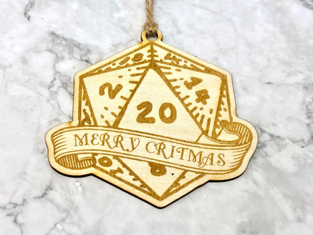 Merry Critmas Wooden D20 Dice Christmas Bauble