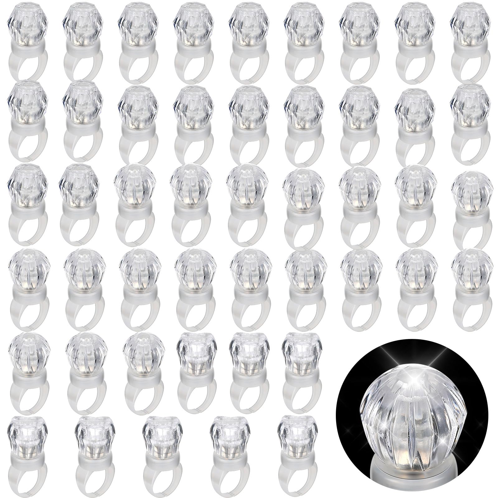Retisee 50 Pack LED Light Up Rings – Glow in the Dark Party Favors for Bachelorette Parties, Weddings, and Birthdays (Diamond/Heart/Round Shapes)