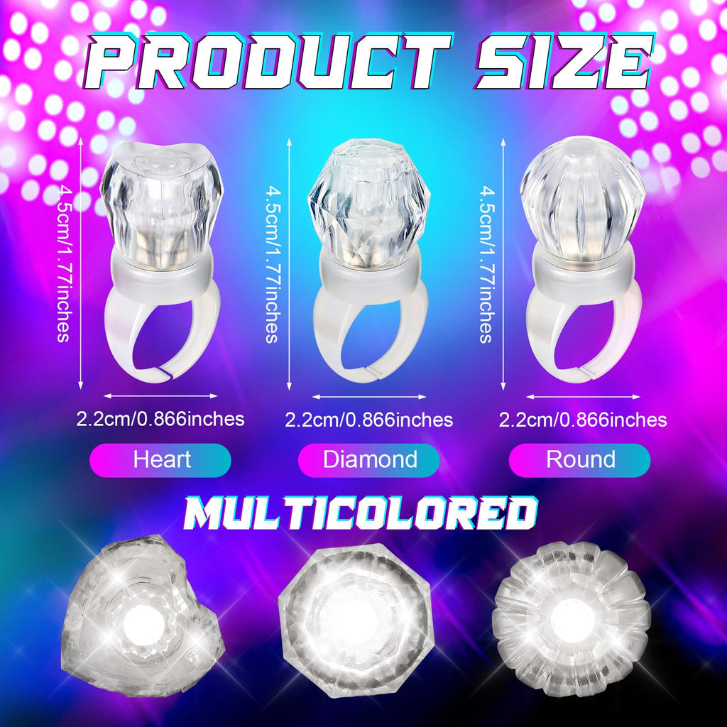 Retisee 50 Pack LED Light Up Rings – Glow in the Dark Party Favors for Bachelorette Parties, Weddings, and Birthdays (Diamond/Heart/Round Shapes)