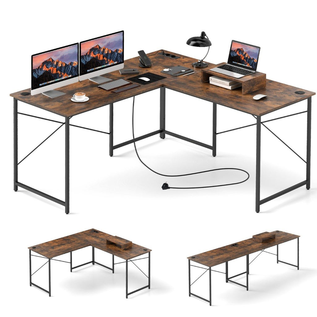 Reversible L-Shaped Desk with Built-in Power Strip and Removable Host Stand-Brown