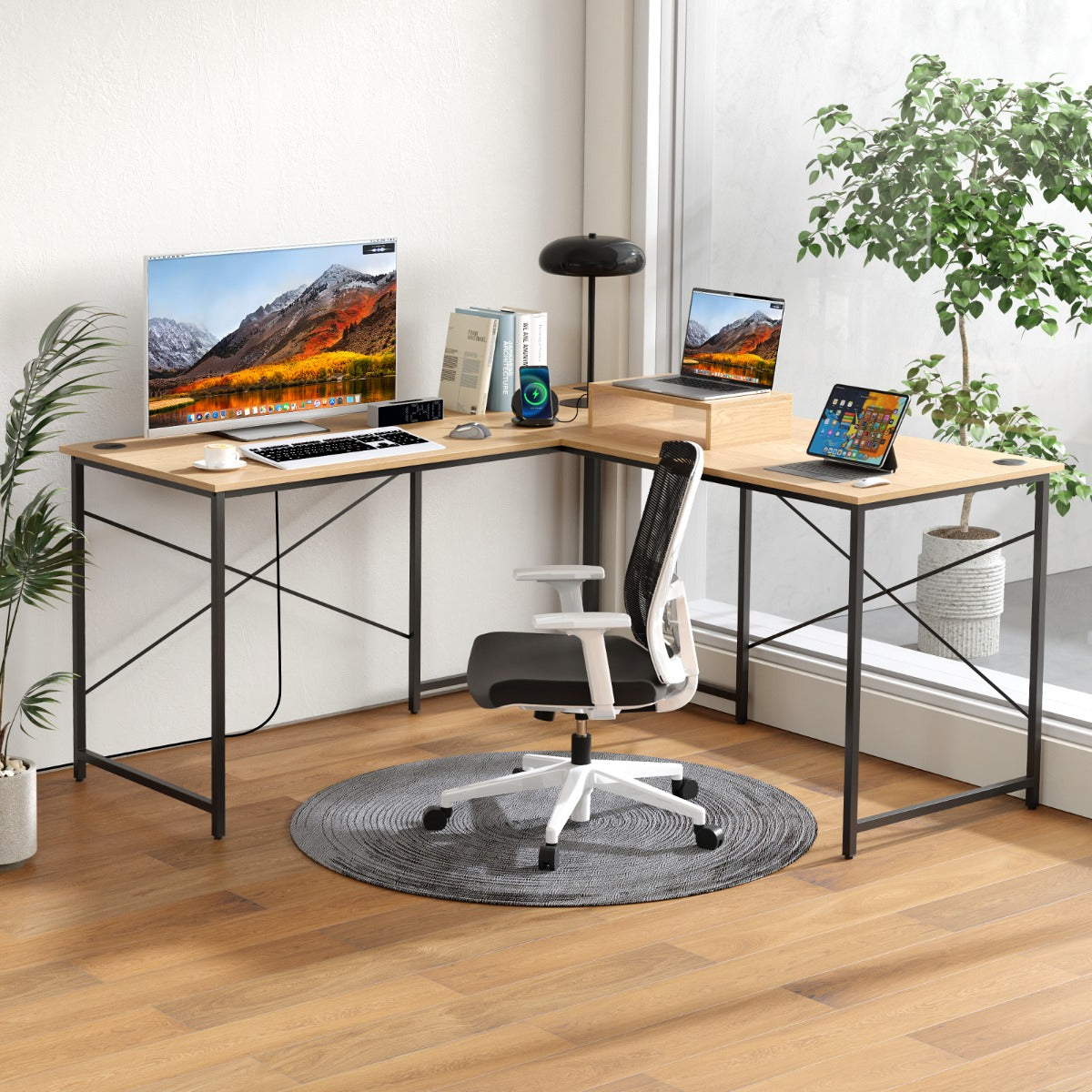 Reversible L-Shaped Desk with Built-in Power Strip and Removable Host Stand-Brown
