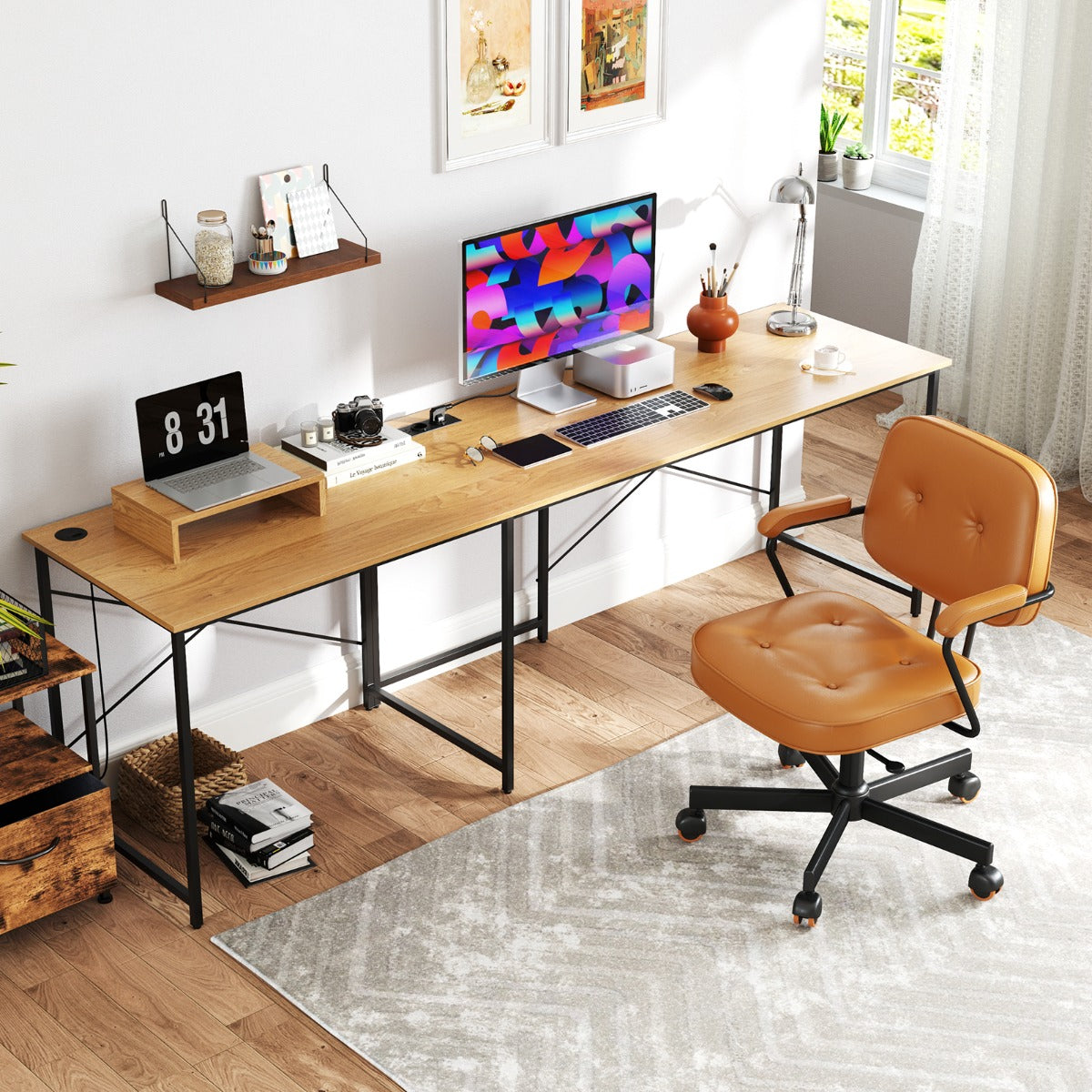 Reversible L-Shaped Desk with Built-in Power Strip and Removable Host Stand-Brown