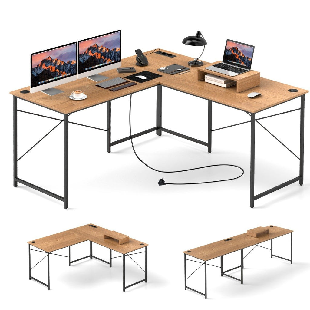 Reversible L-Shaped Desk with Built-in Power Strip and Removable Host Stand-Brown