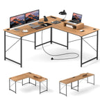 Reversible L-Shaped Desk with Built-in Power Strip and Removable Host Stand-Brown