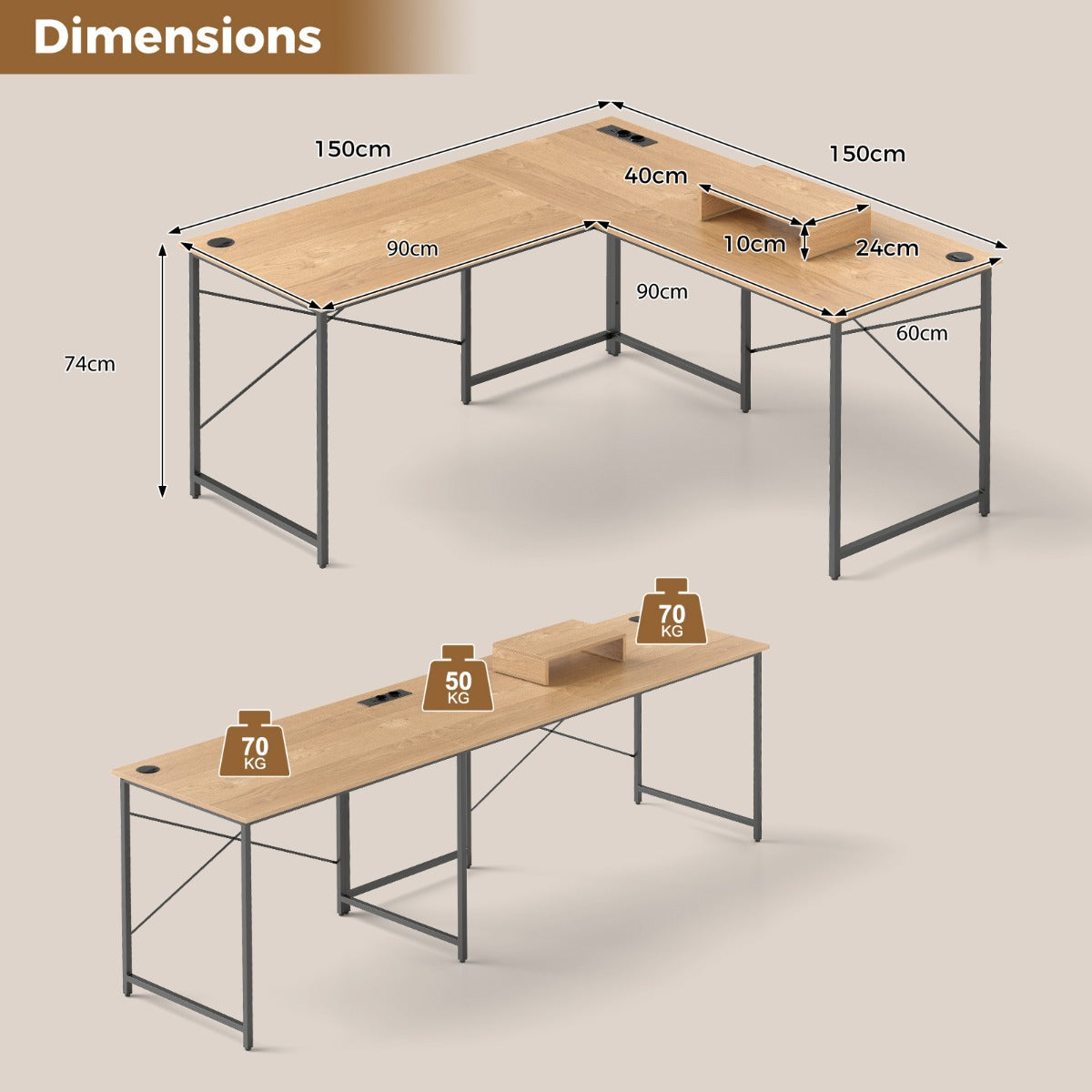 Reversible L-Shaped Desk with Built-in Power Strip and Removable Host Stand-Brown