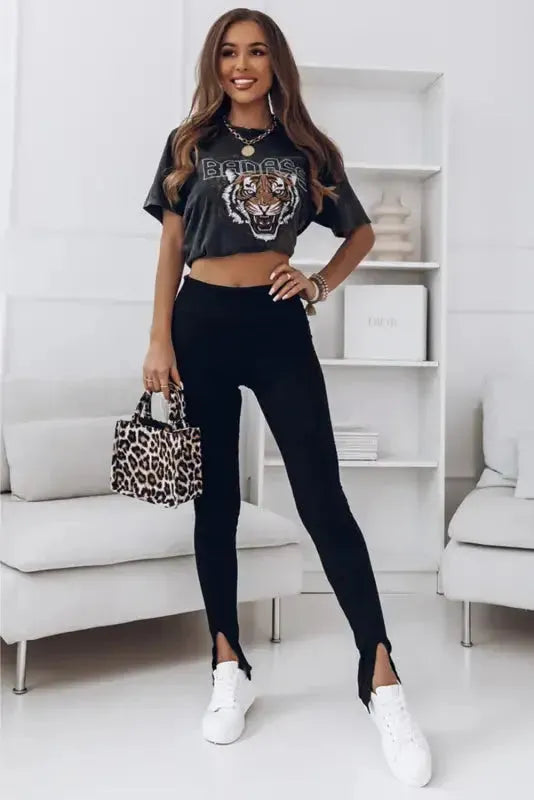Rib Knit High Waist Slit Leggings Women UK