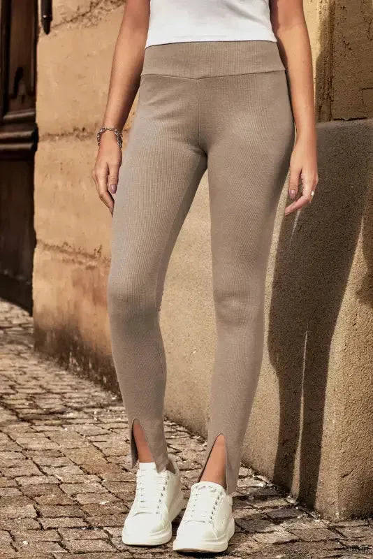 Rib Knit High Waist Slit Leggings Women UK