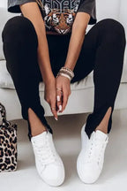 Rib Knit High Waist Slit Leggings Women UK