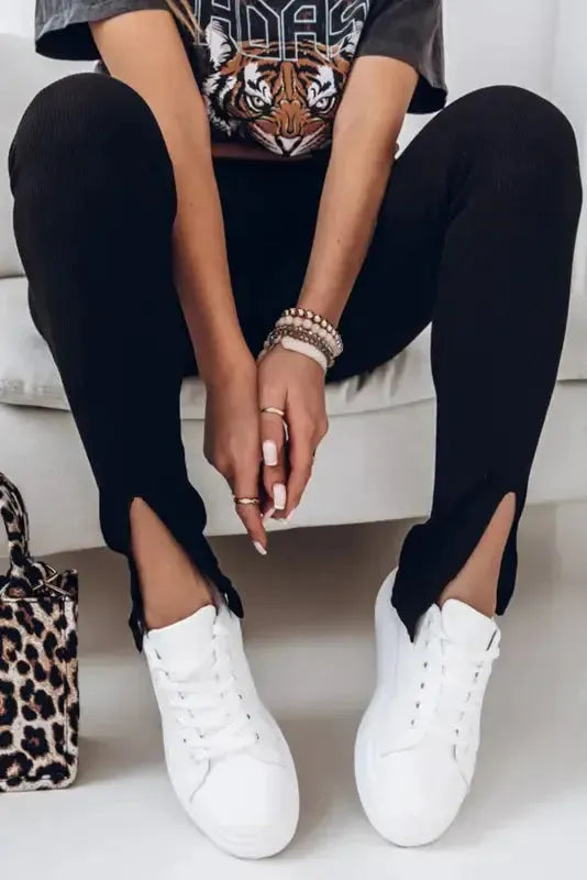 Rib Knit High Waist Slit Leggings Women UK