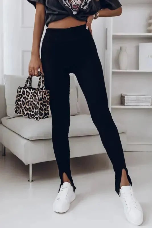 Rib Knit High Waist Slit Leggings Women UK