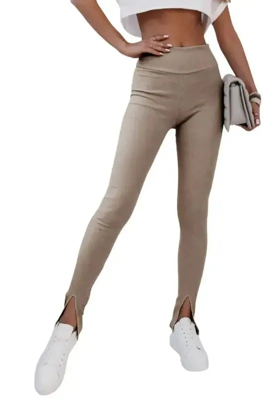 Rib Knit High Waist Slit Leggings Women UK