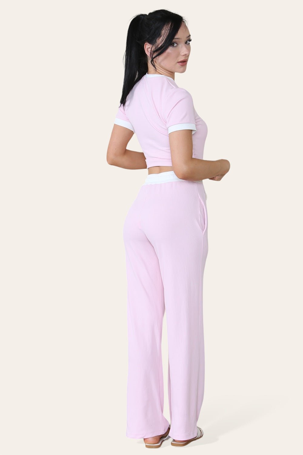 Ribbed Contrast Wide Leg Flared Trousers And Top Loungewear TRS Cropped Set