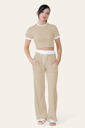Ribbed Contrast Wide Leg Flared Trousers And Top Loungewear TRS Cropped Set