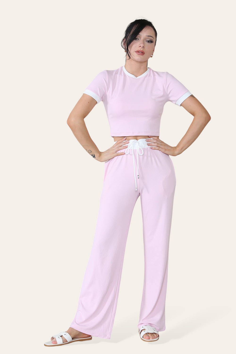 Ribbed Contrast Wide Leg Flared Trousers And Top Loungewear TRS Cropped Set