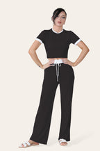 Ribbed Contrast Wide Leg Flared Trousers And Top Loungewear TRS Cropped Set