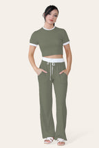 Ribbed Contrast Wide Leg Flared Trousers And Top Loungewear TRS Cropped Set