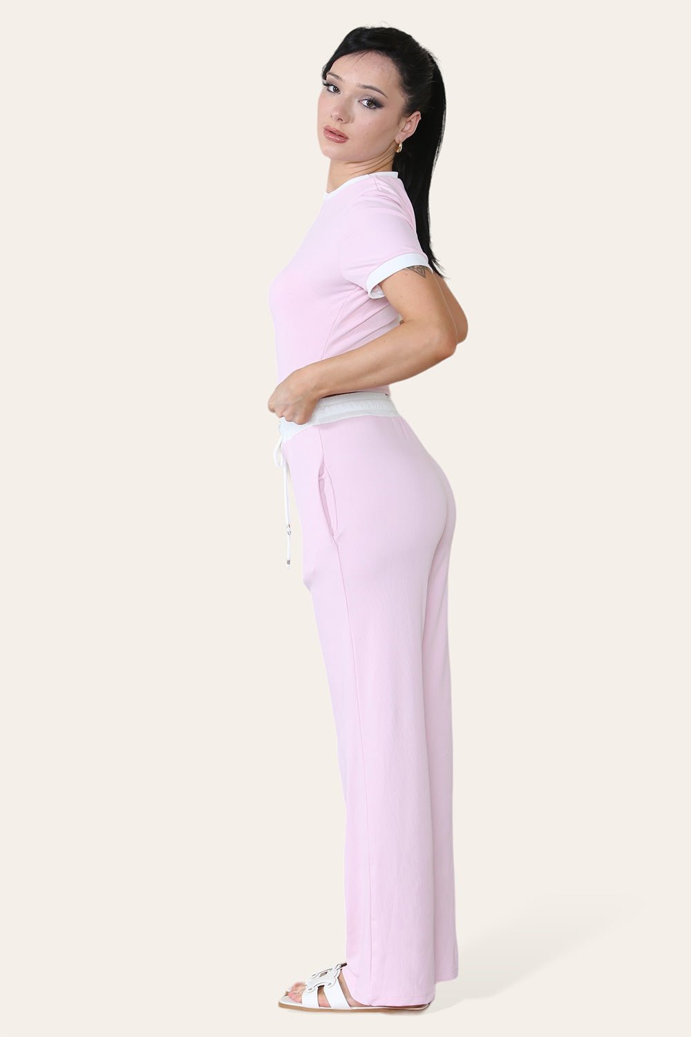 Ribbed Contrast Wide Leg Flared Trousers And Top Loungewear TRS Cropped Set