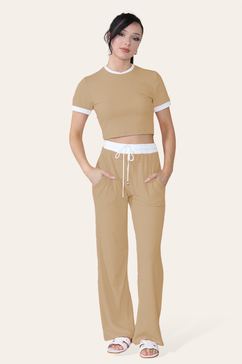 Ribbed Contrast Wide Leg Flared Trousers And Top Loungewear TRS Cropped Set