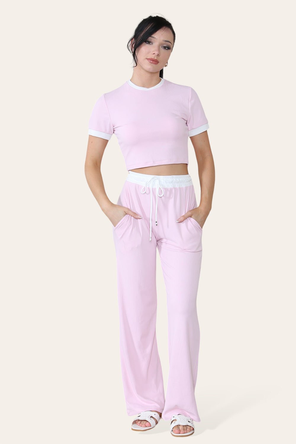Ribbed Contrast Wide Leg Flared Trousers And Top Loungewear TRS Cropped Set