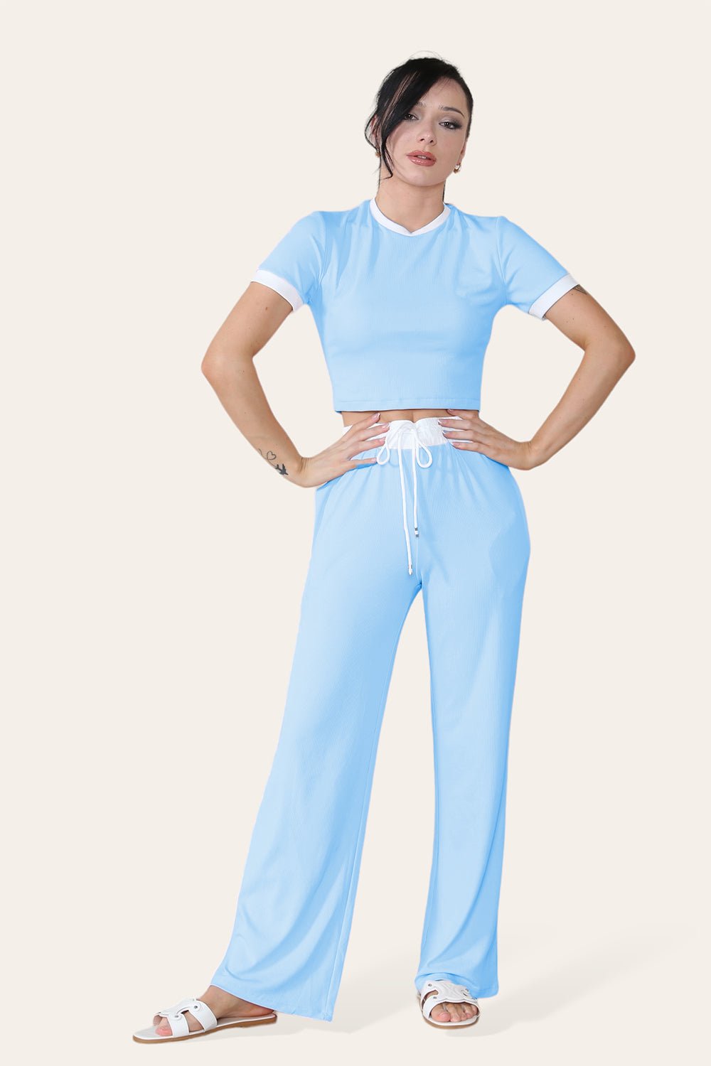 Ribbed Contrast Wide Leg Flared Trousers And Top Loungewear TRS Cropped Set