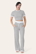 Ribbed Contrast Wide Leg Flared Trousers And Top Loungewear TRS Cropped Set