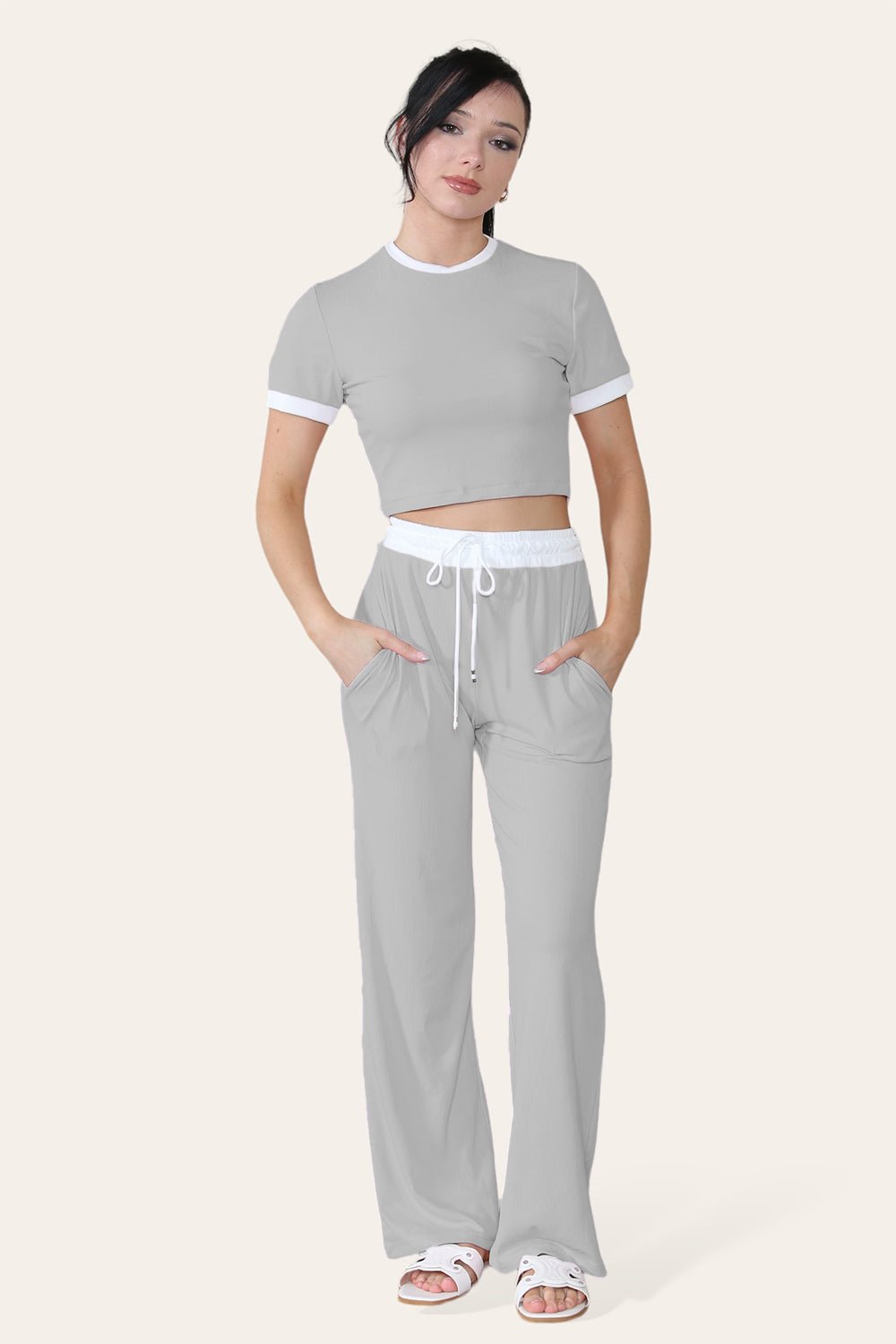 Ribbed Contrast Wide Leg Flared Trousers And Top Loungewear TRS Cropped Set
