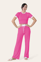 Ribbed Contrast Wide Leg Flared Trousers And Top Loungewear TRS Cropped Set
