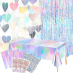Ricawa 8-Piece Iridescent Disco-Holographic Party Decorations – Love-Heart Garland Banner, Disposable Laser Tablecloth, Tinsel Fringe Curtains | Birthday & Retro Themed Decor
